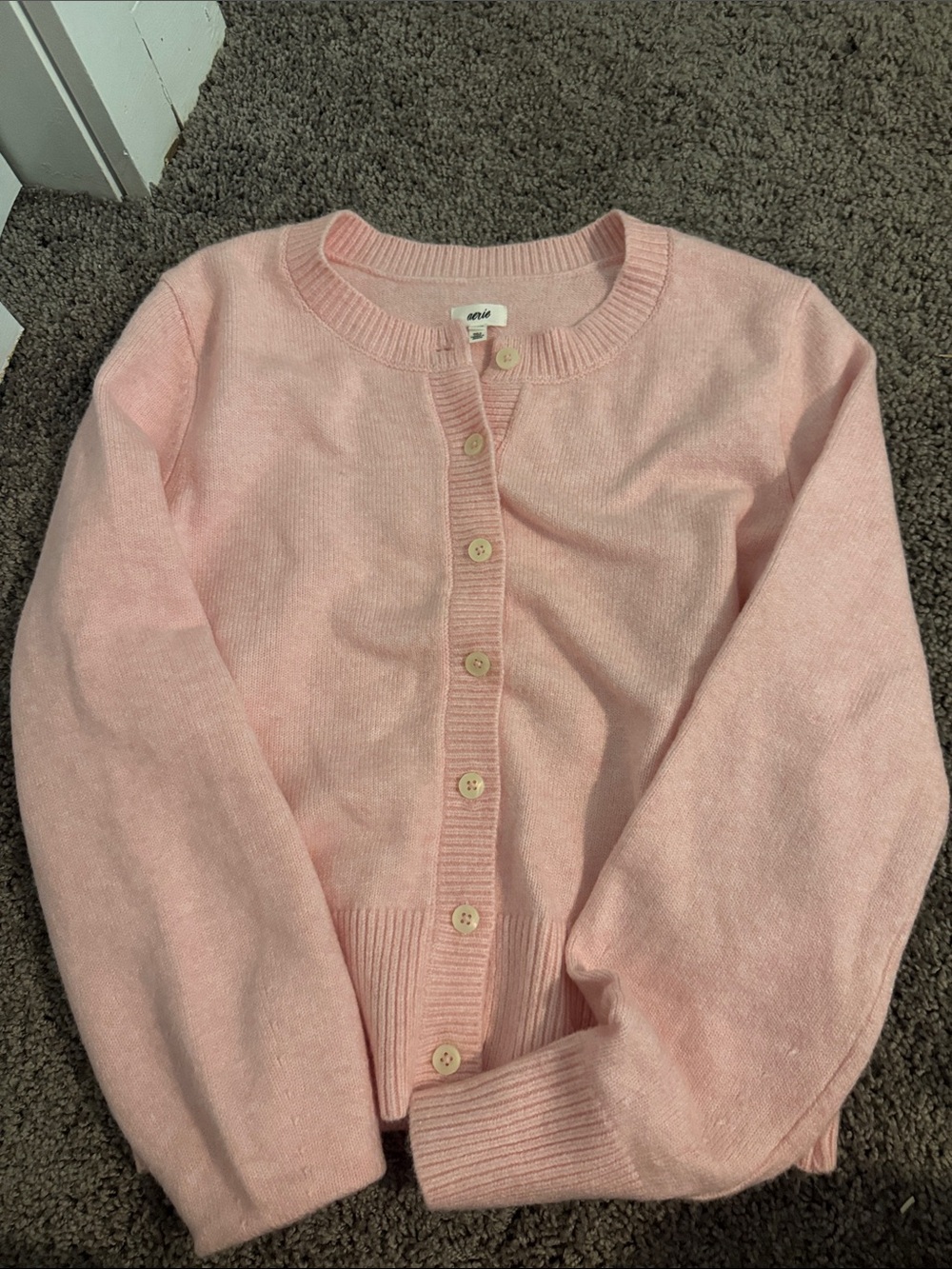 aerie Light Pink Button-Front Crewneck Cardigan